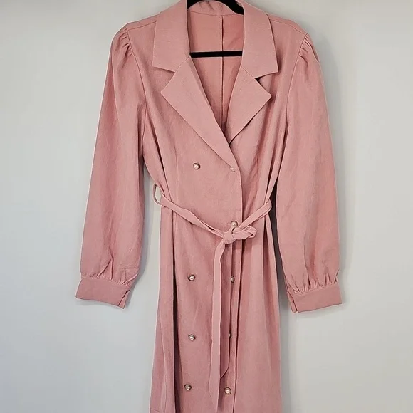 Elegant Salmon Pink Corduroy Double Breast Puff Sleeved Mermaid‎ Hem Dress - Picture 13 of 14